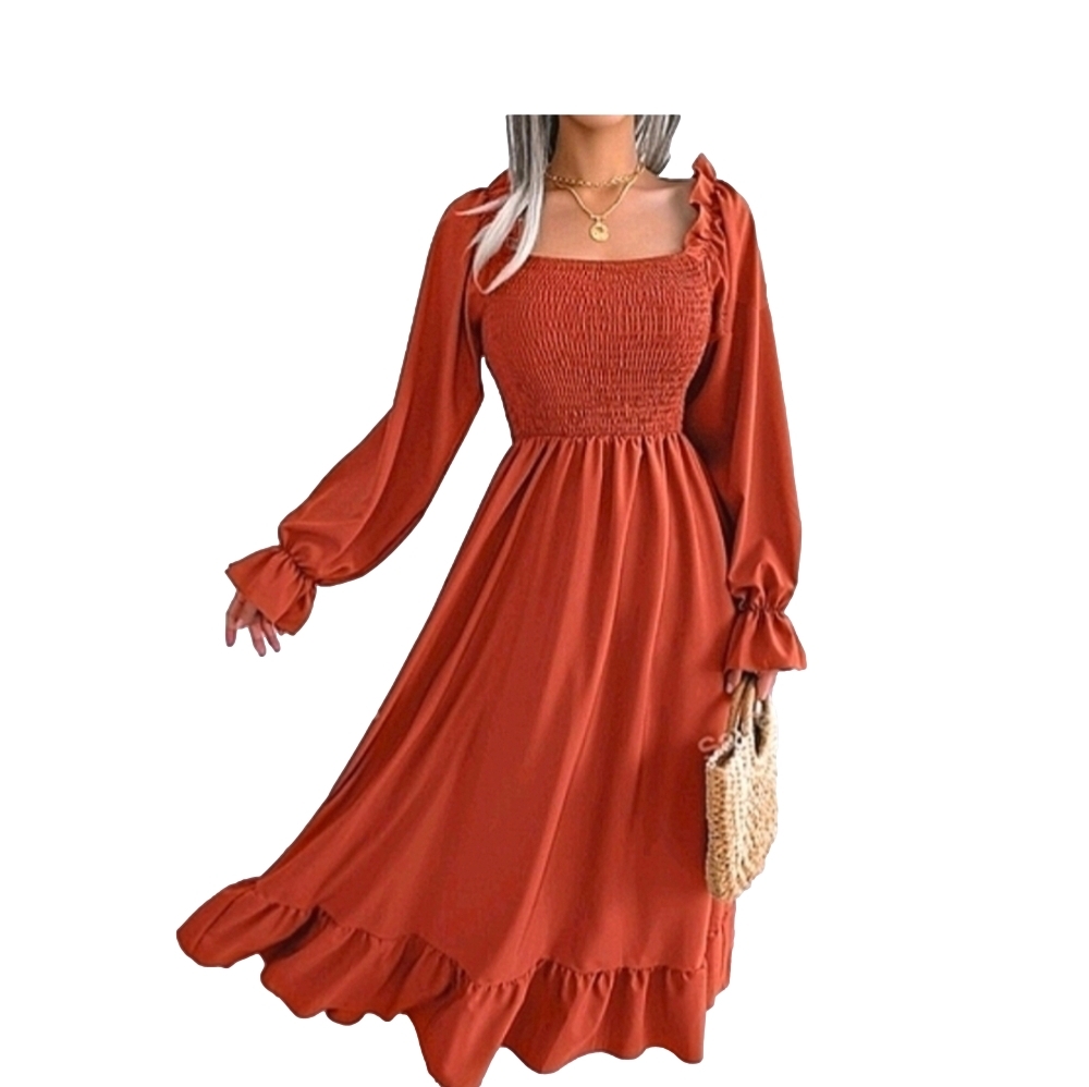 Fall Dress Square Neck Brown Terracotta Sheered Cold Weather Dresses Outfit - Picture 12 of 12